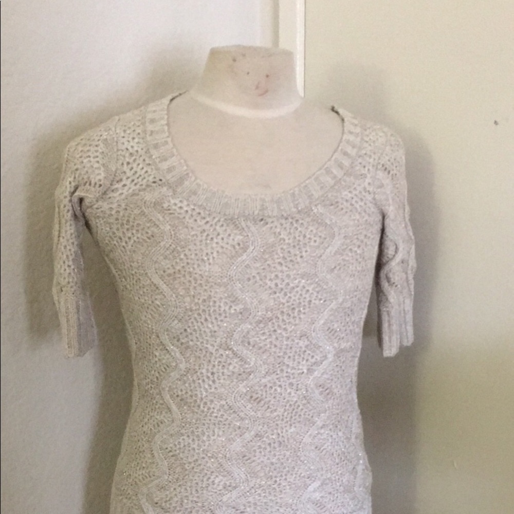 Elle, Cream Colored Knit Silver Thread , 3/4” Sweater, XS
